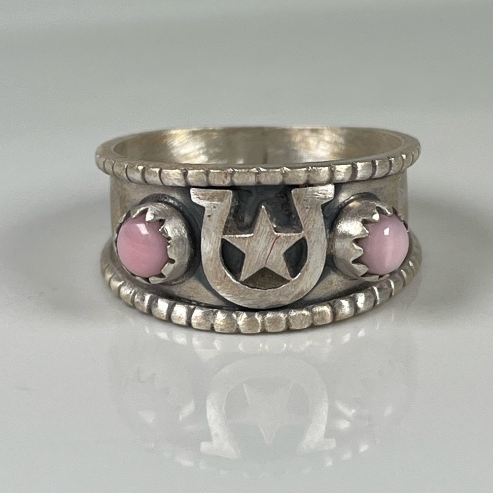 Solid 925 Sterling Silver Pink Conch Gemstone Hor… - image 2